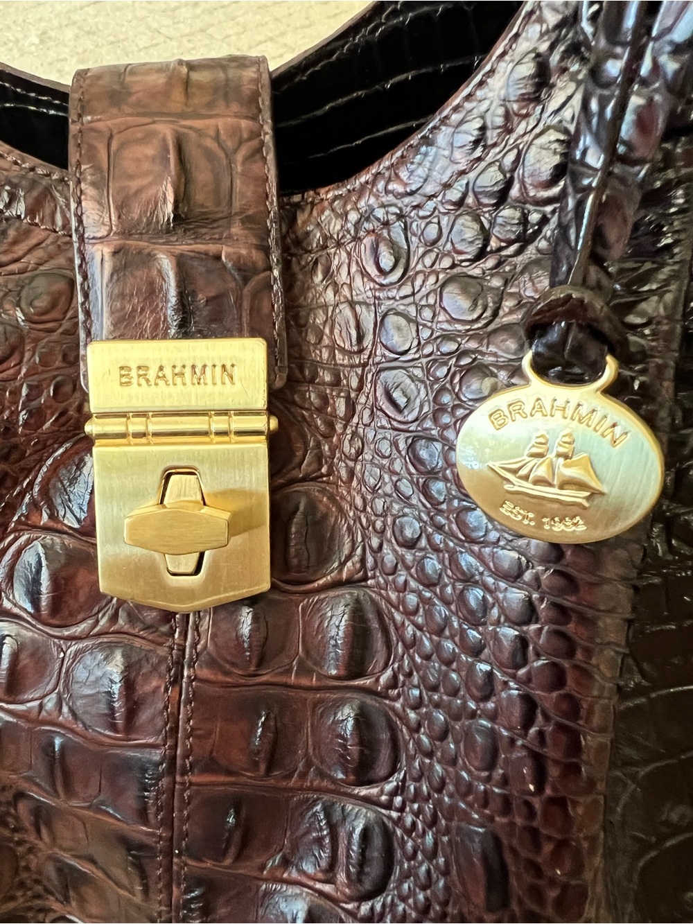 Brahmin Elisa Satchel Bordeaux Melbourne Embossed Croc Leather Bag Brown Gold - Picture 7 of 9